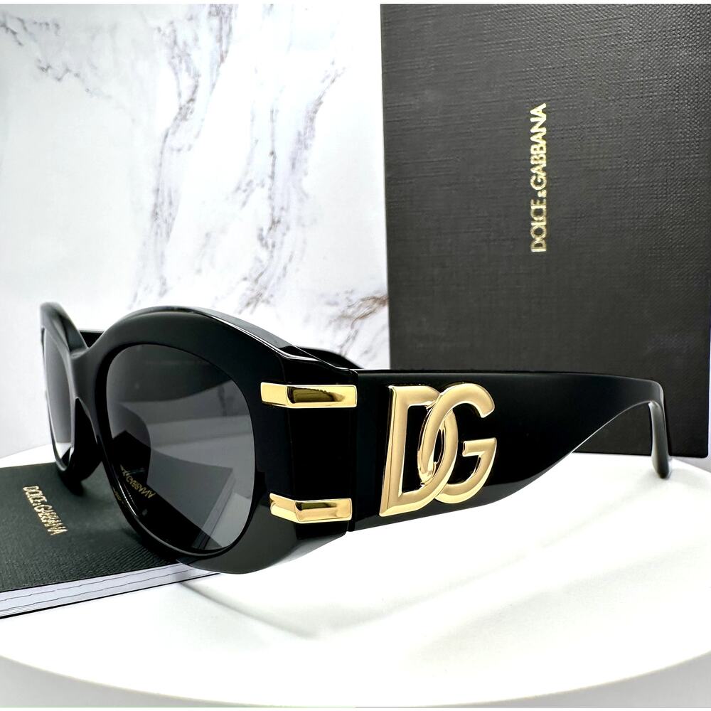 New Dolce & Gabbana Sunglasses Black Oval Acetate Gold Metal DG Gray Lens - Picture 14 of 16